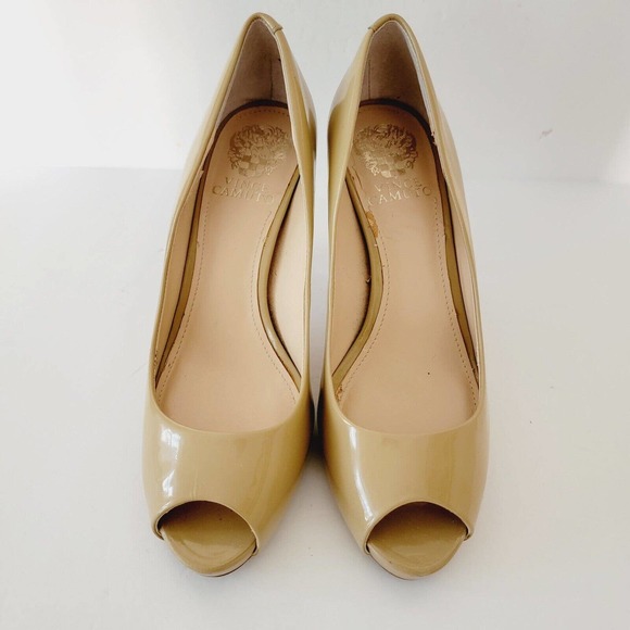 Vince Camuto Tan Patent Leather Platform Open Toe Pumps Women's Shoes Size 8M - Picture 2 of 9